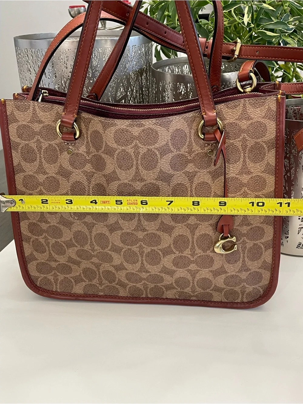 Coach Brown Signature Canvas Tote with Saddle Leather Trim